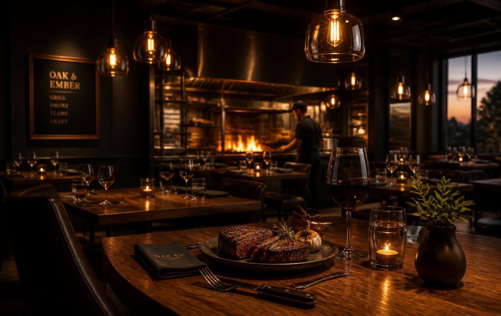 Dining room at Ember & Oak with an open wood-fired grill